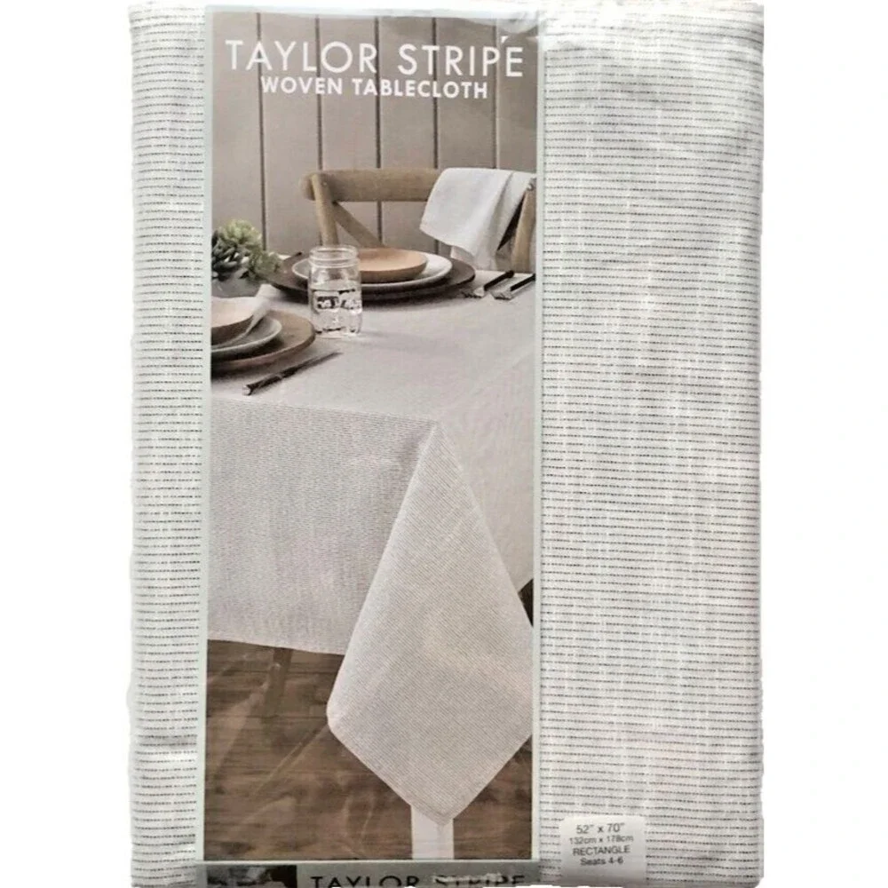 Taylor Stripe Woven Fabric Tablecloth White Charcoal Machine Washable 60x102